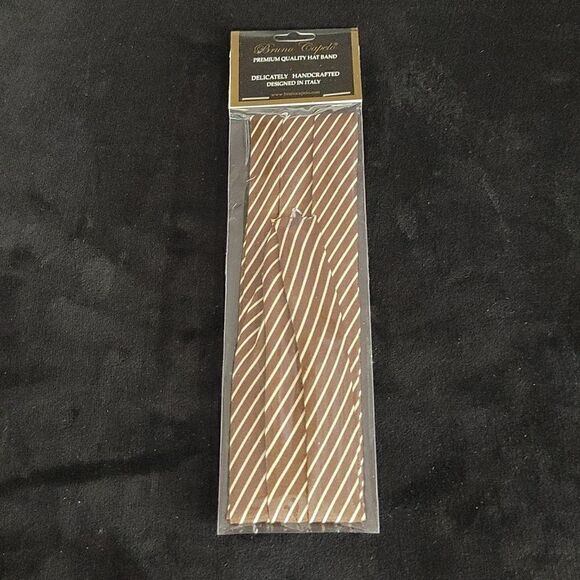 BRUNO CAPELO FASHION 3 PLEAT SATIN HAT BAND. BROWN-BEIGE THIN STRIPE. - Picture 1 of 2
